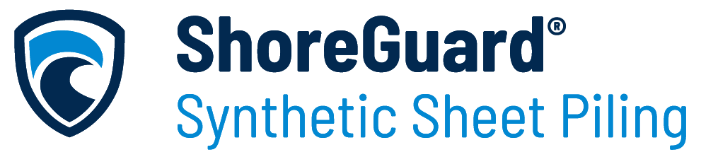 ShoreGuard Synthetic Sheet Piling logo with shield icon and text.