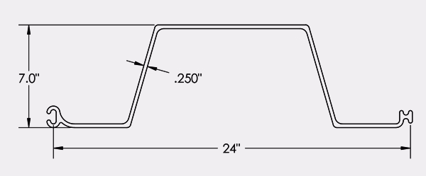 Technical drawing of a metal profile with 24 inches width, 7 inches height, and 0.25 inch thickness.
