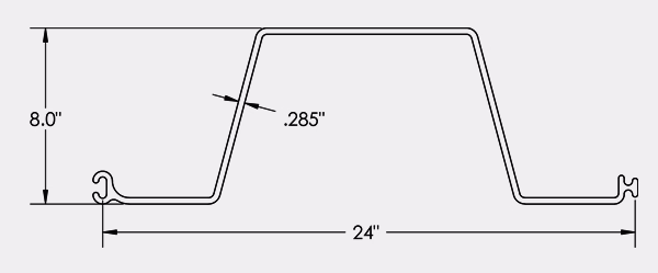 Technical drawing of a sheet metal profile with 8-inch height, 24-inch width, and .285-inch thickness markings.