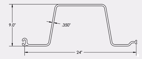 Technical drawing of a metal profile with dimensions 24 inches wide, 9 inches high, and thickness of 0.350 inches.