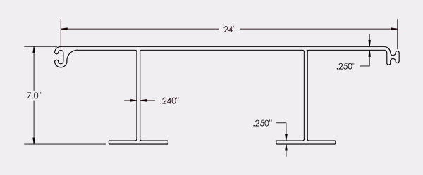 Technical drawing of a metal profile with dimensions 24 inches wide, 9 inches high, and thickness of 0.350 inches.