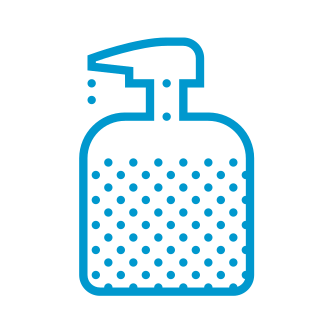 Blue outline icon of a soap dispenser with bubbles inside.