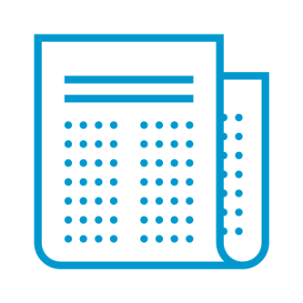 Blue outline icon of a folded newspaper with text lines and dots representing articles.