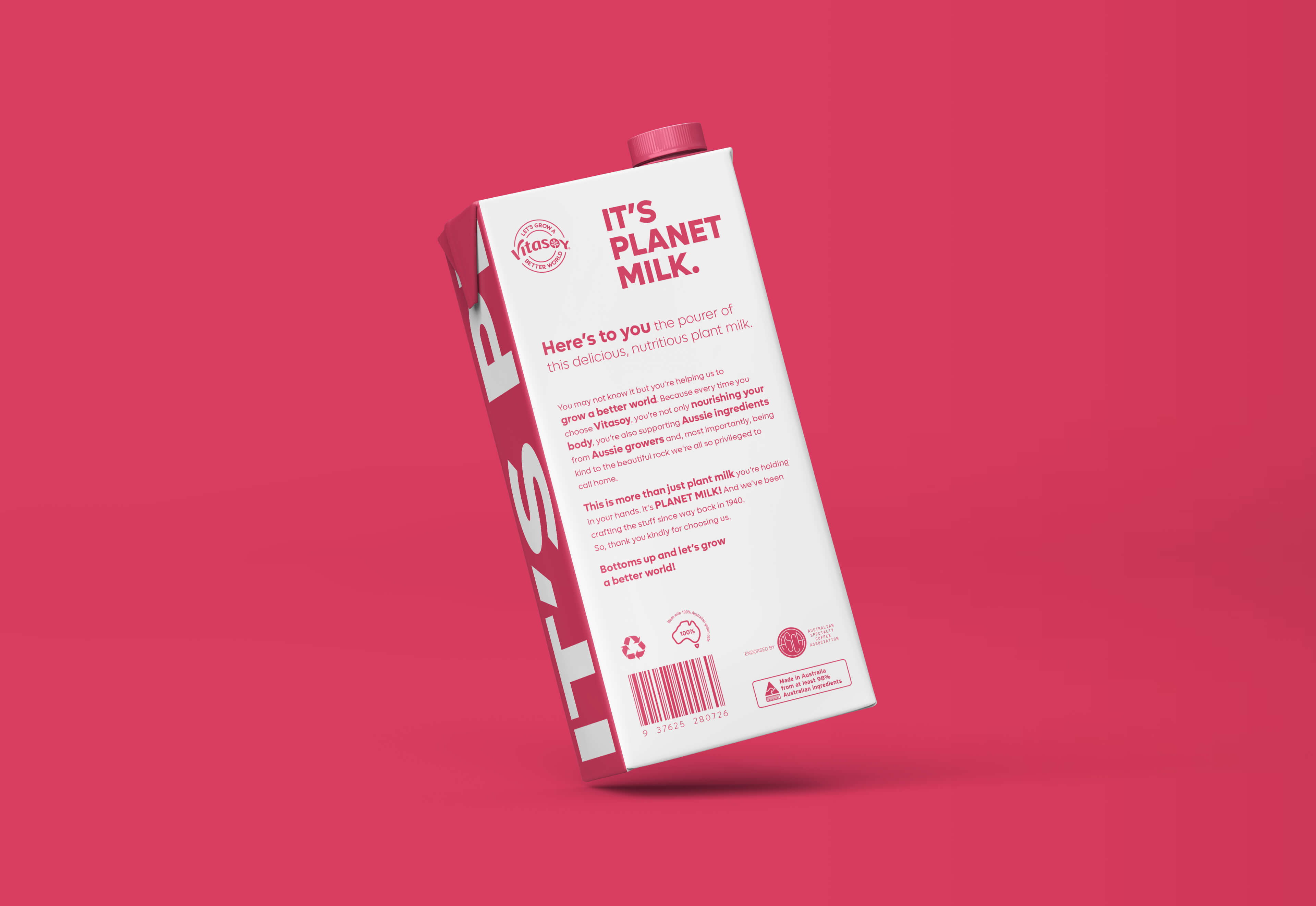 Back panel of a Vitasoy Barista Edition Almond Milk carton, shown on a magenta background. The packaging copy reads ‘IT’S PLANET MILK.’ with supportive text about sustainability, local sourcing, and Vitasoy’s Australian heritage. A barcode and recycling symbols appear at the bottom.
