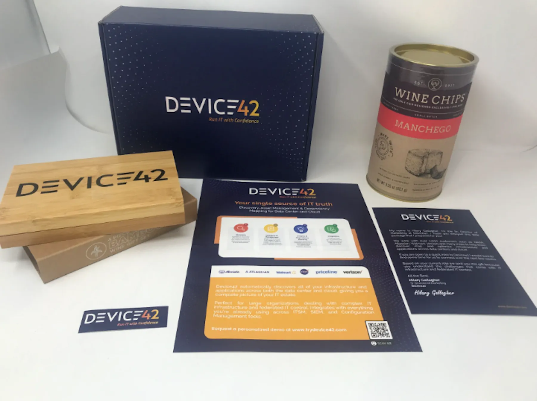 An example of branded direct mail box SaaSMQL created for Device 42 with flavored wine chips and wine opening kit.