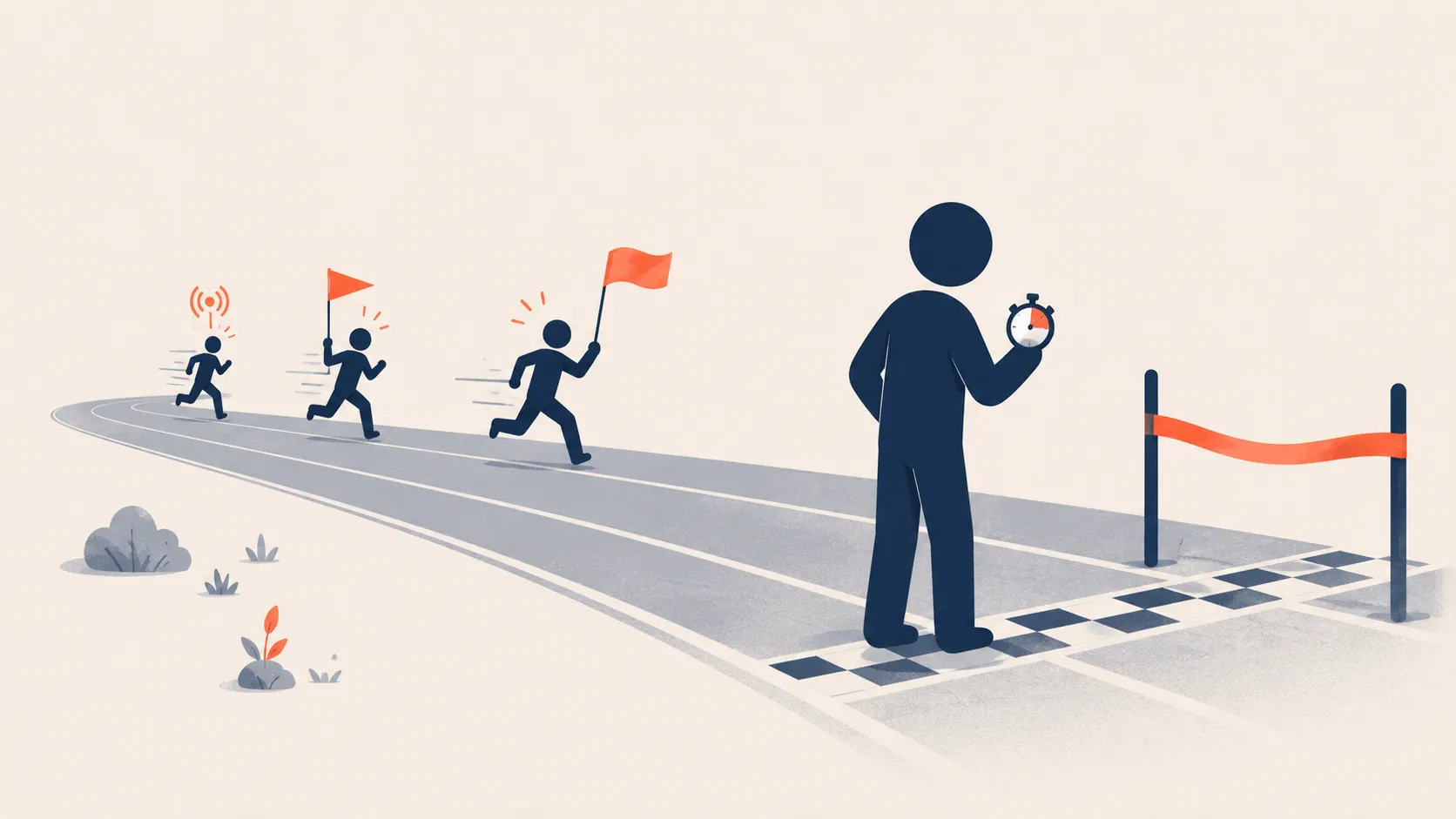 A figure holding a stopwatch at an empty finish line while runners with signal flags stream in behind, unseen