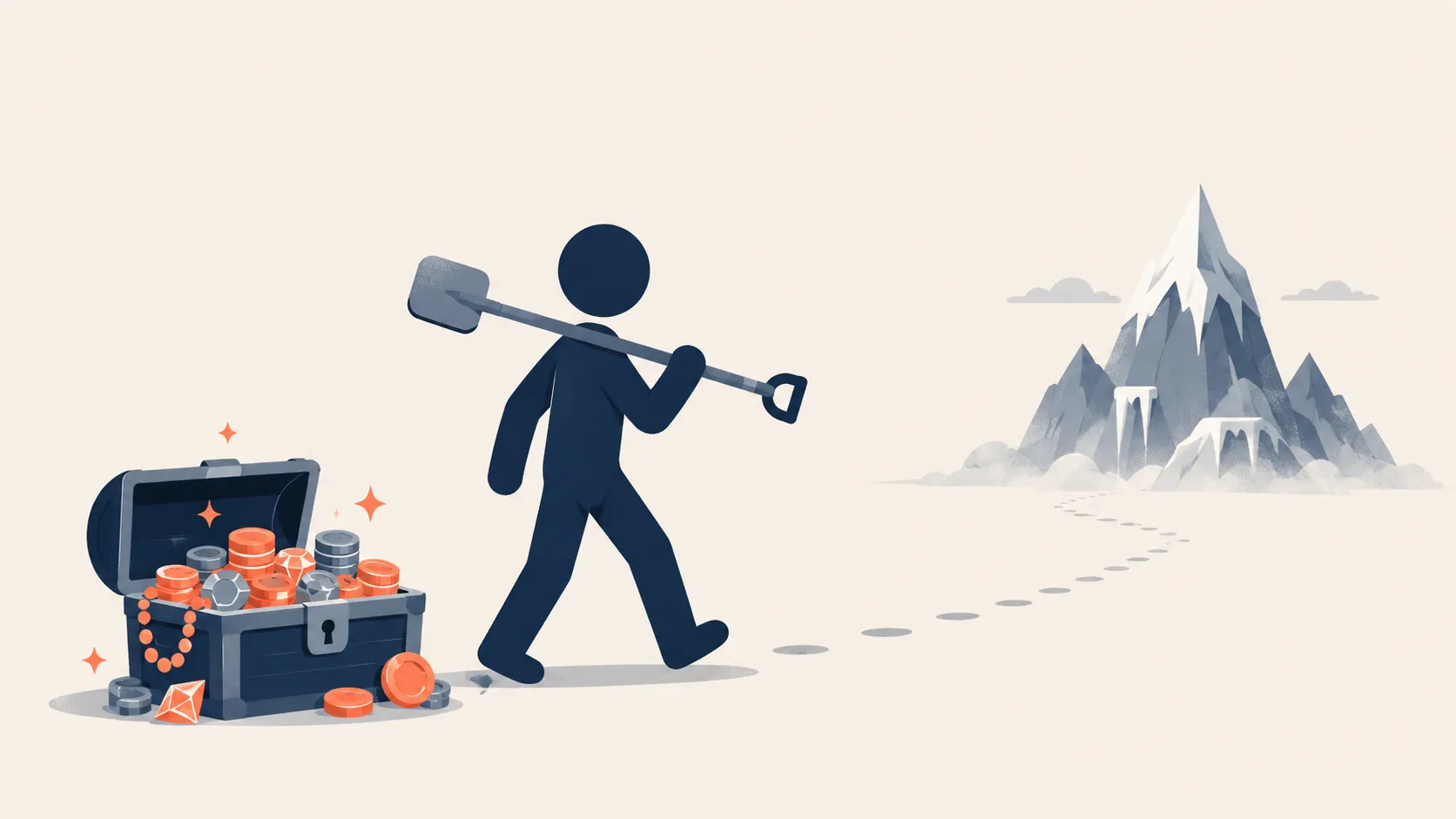A figure walks past a treasure chest of warm opportunities toward a distant cold mountain