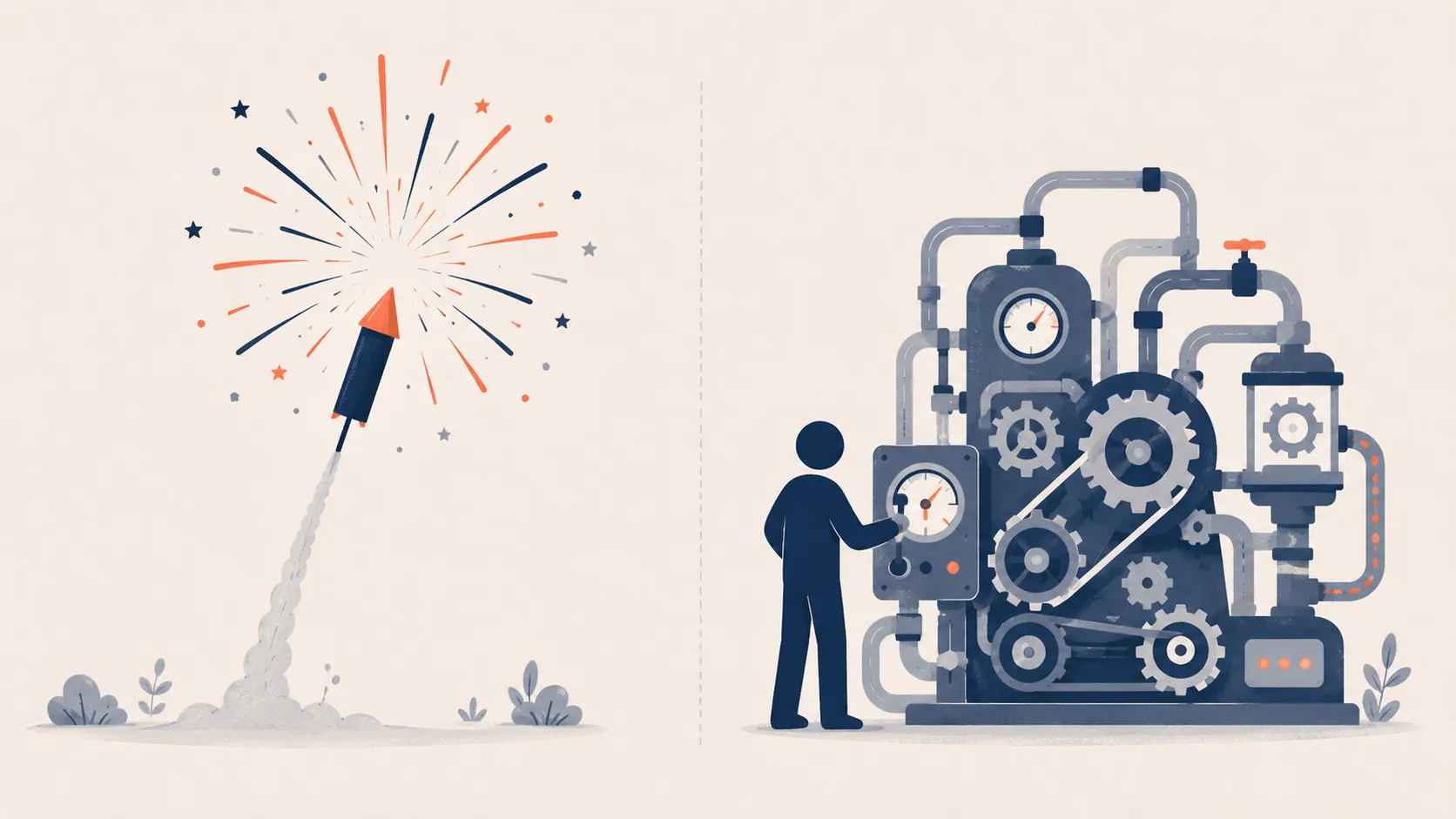 A one-off firework on the left contrasted with a continuous, self-optimizing engine on the right