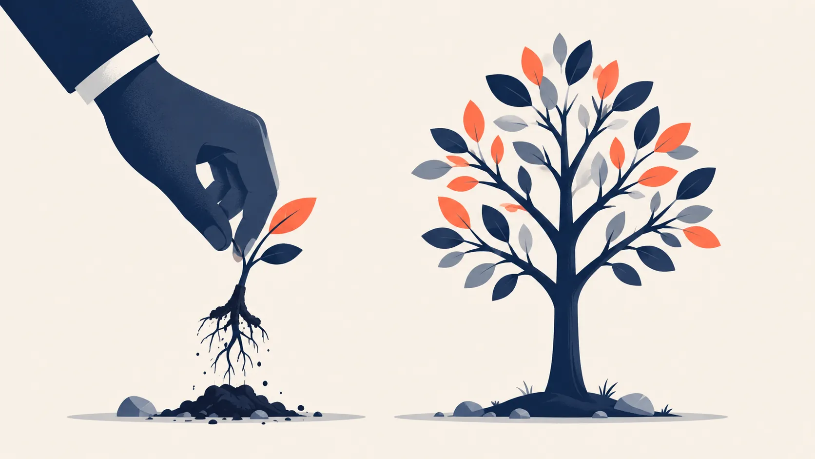 A hand pulling a sapling out of the ground next to a fully grown tree that could have flourished with more time