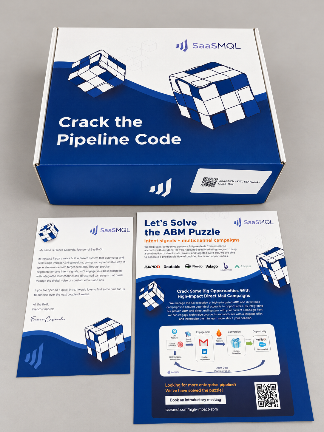 SaaSMQL Crack the Pipeline Code direct mail box with a personal letter and marketing one-pager