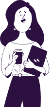 Ilustração de mulher segurando um copo de café e um caderno com o logo da Taller
