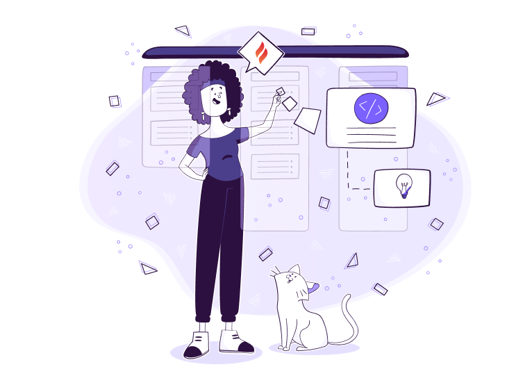 Ilustração de mulher trabalhando com tecnologia ao lado de um gato