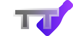 Gray stylized T and T letters with a purple checkmark behind them on white background.