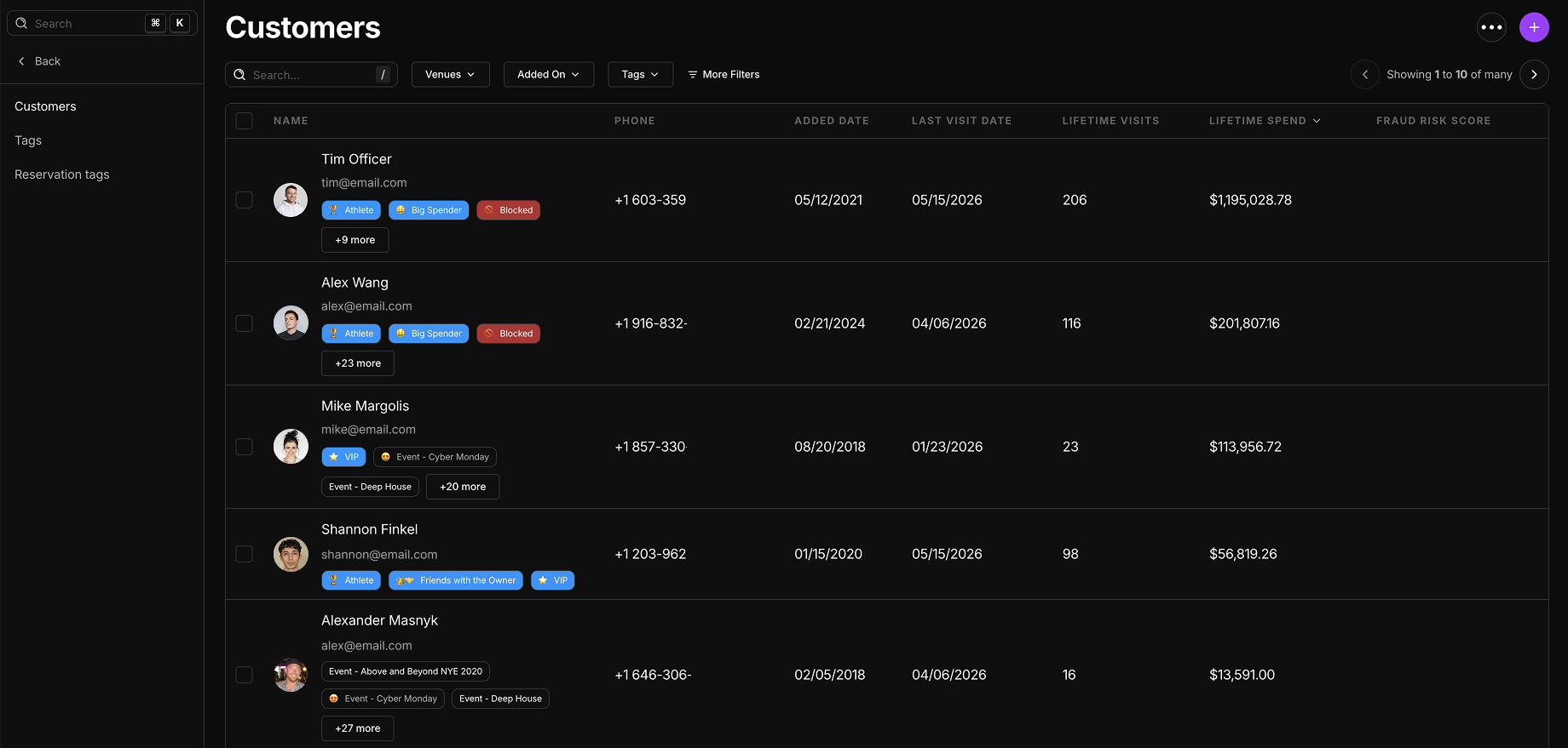 vip table reservation management in tablelist