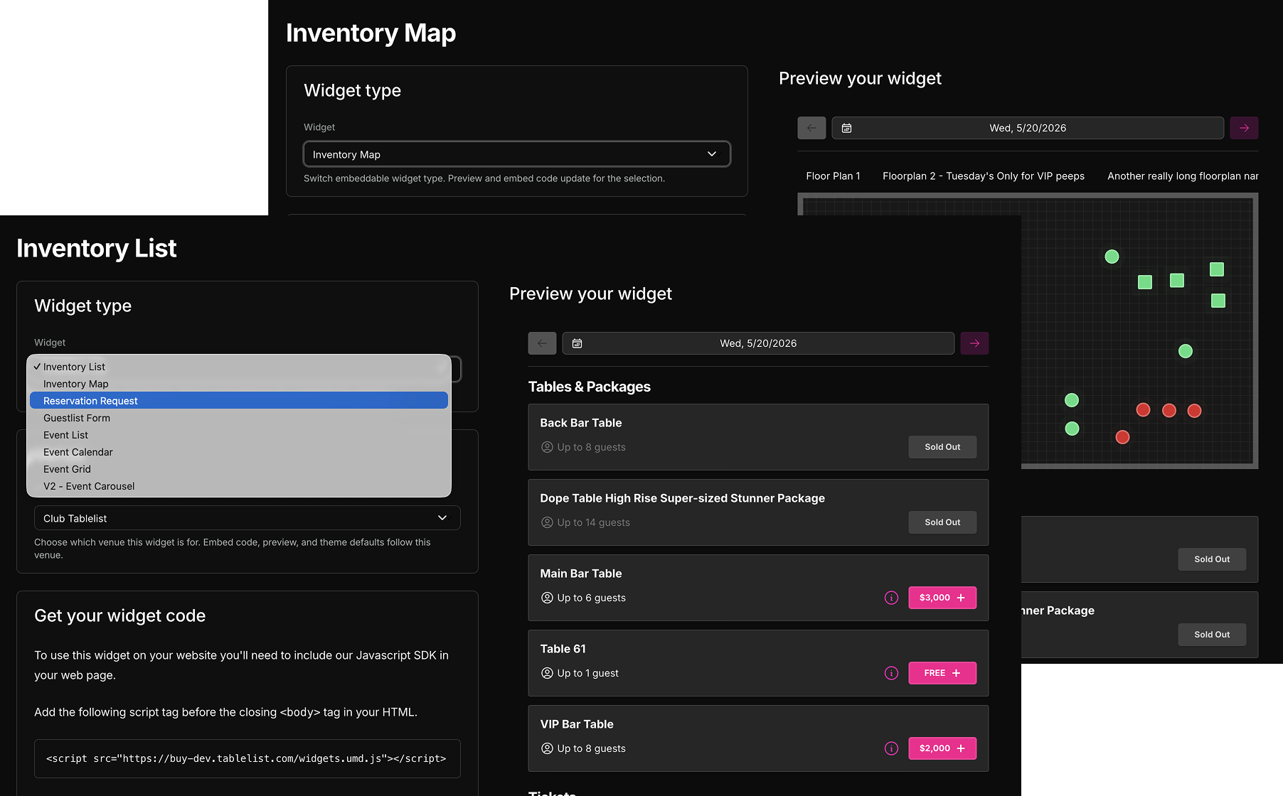 Embeddable booking widget for venue websites — TablelistPro