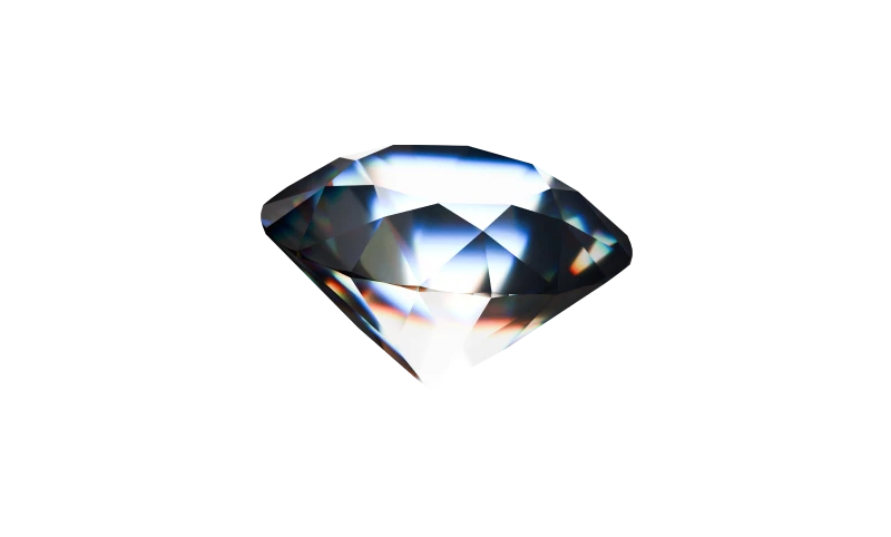 Shiny faceted diamond reflecting light with colorful highlights on a black background.