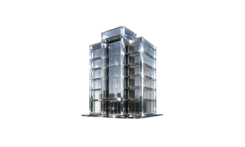 Metallic five-story modern building with reflective surfaces and glass panels.