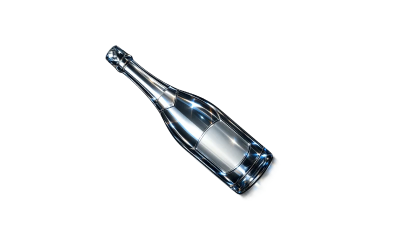 Shiny metallic champagne bottle with a blank label on a transparent background.