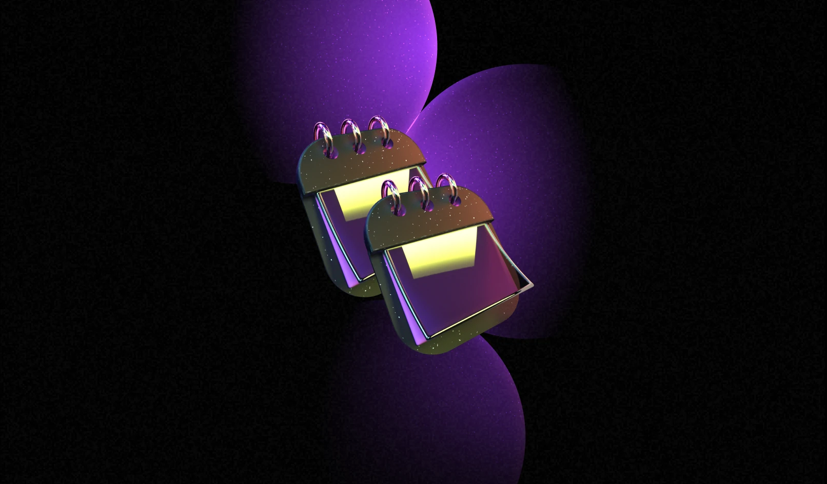 Two glossy 3D calendar icons with blank yellow pages on a dark background with purple shapes.