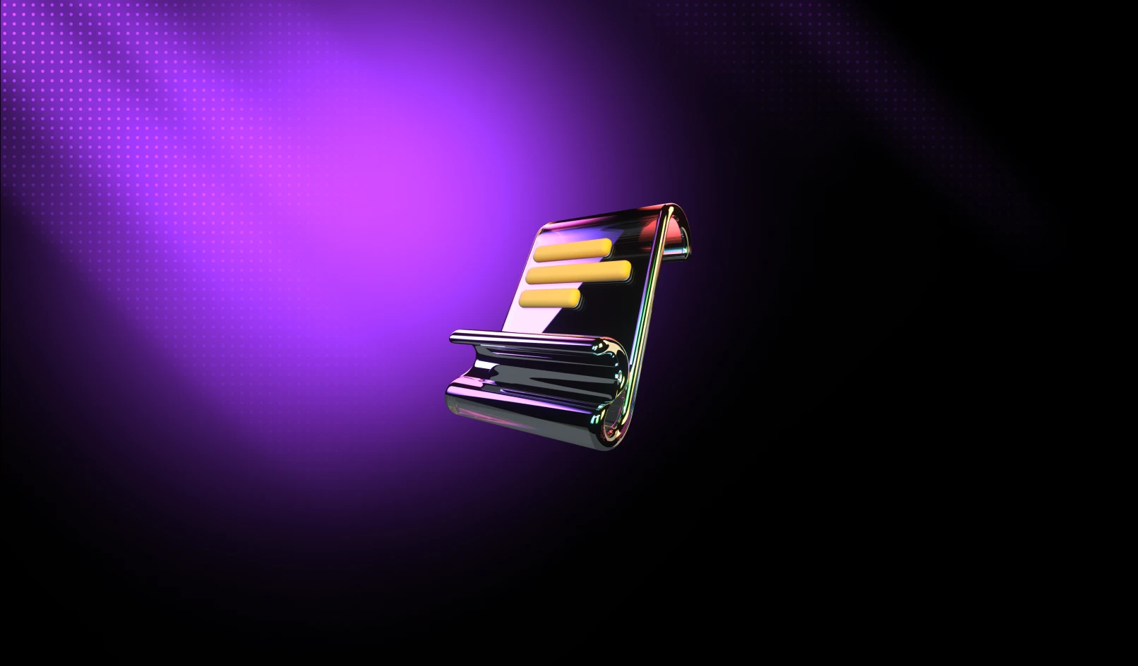 3D shiny black scroll with yellow horizontal bars on a purple gradient and dotted dark background.