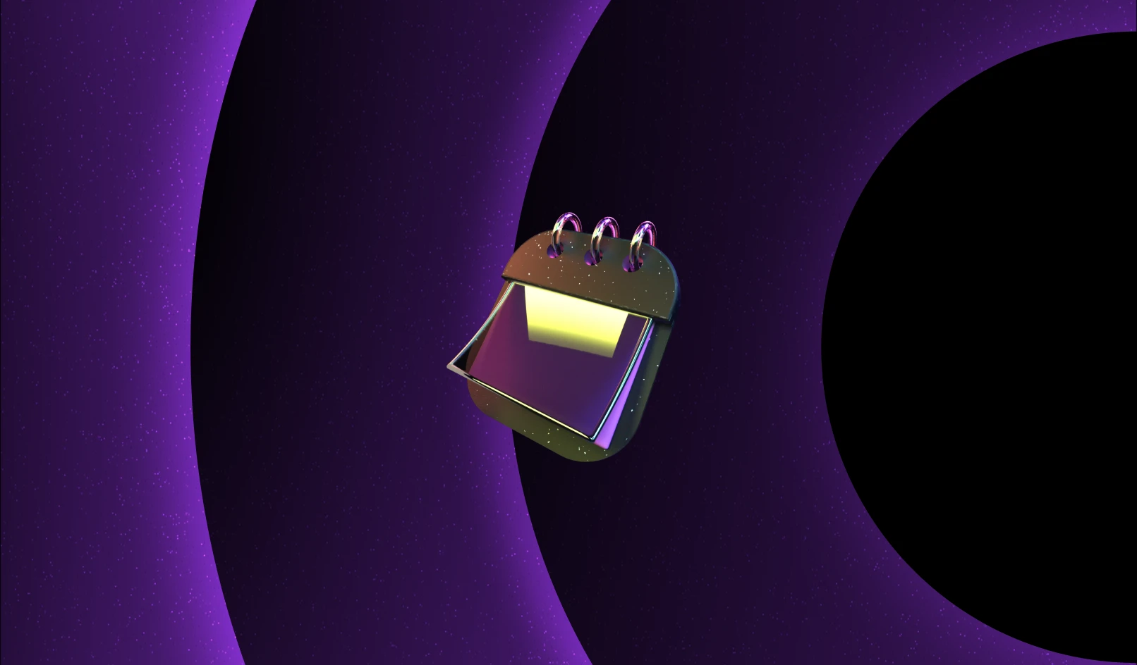 3D calendar icon with blank yellow pages floating on purple and black concentric circles background.