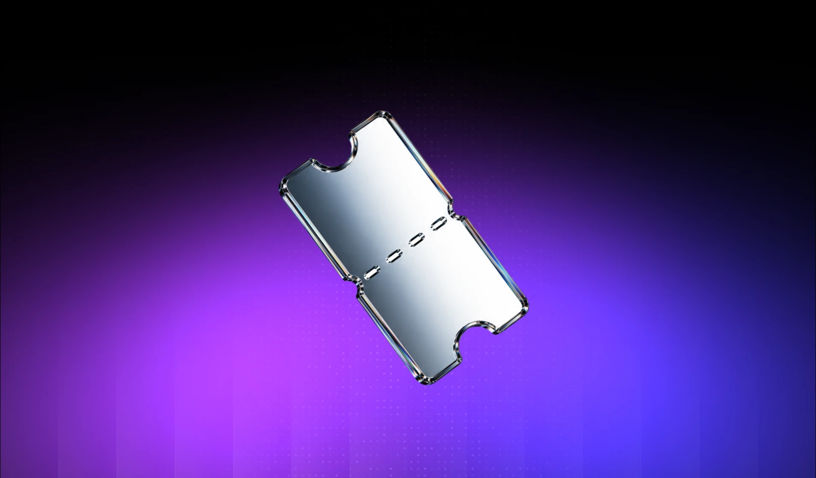 Transparent glass ticket with perforated line in the middle on a purple to black gradient background.