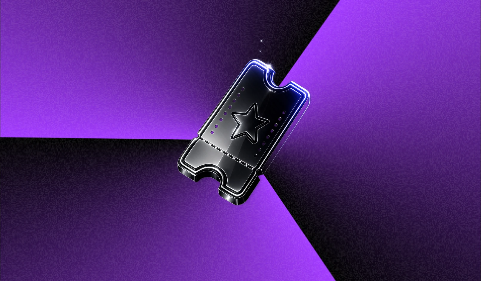 Black ticket icon with a star in the center on a purple and black geometric background.
