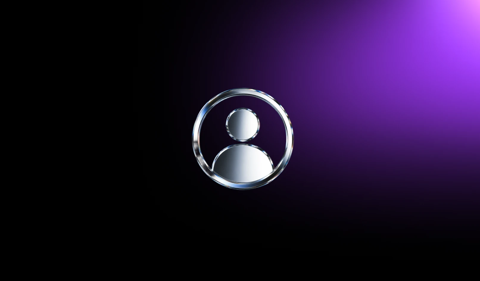 Metallic user profile icon with a circular border on a black and purple gradient background.