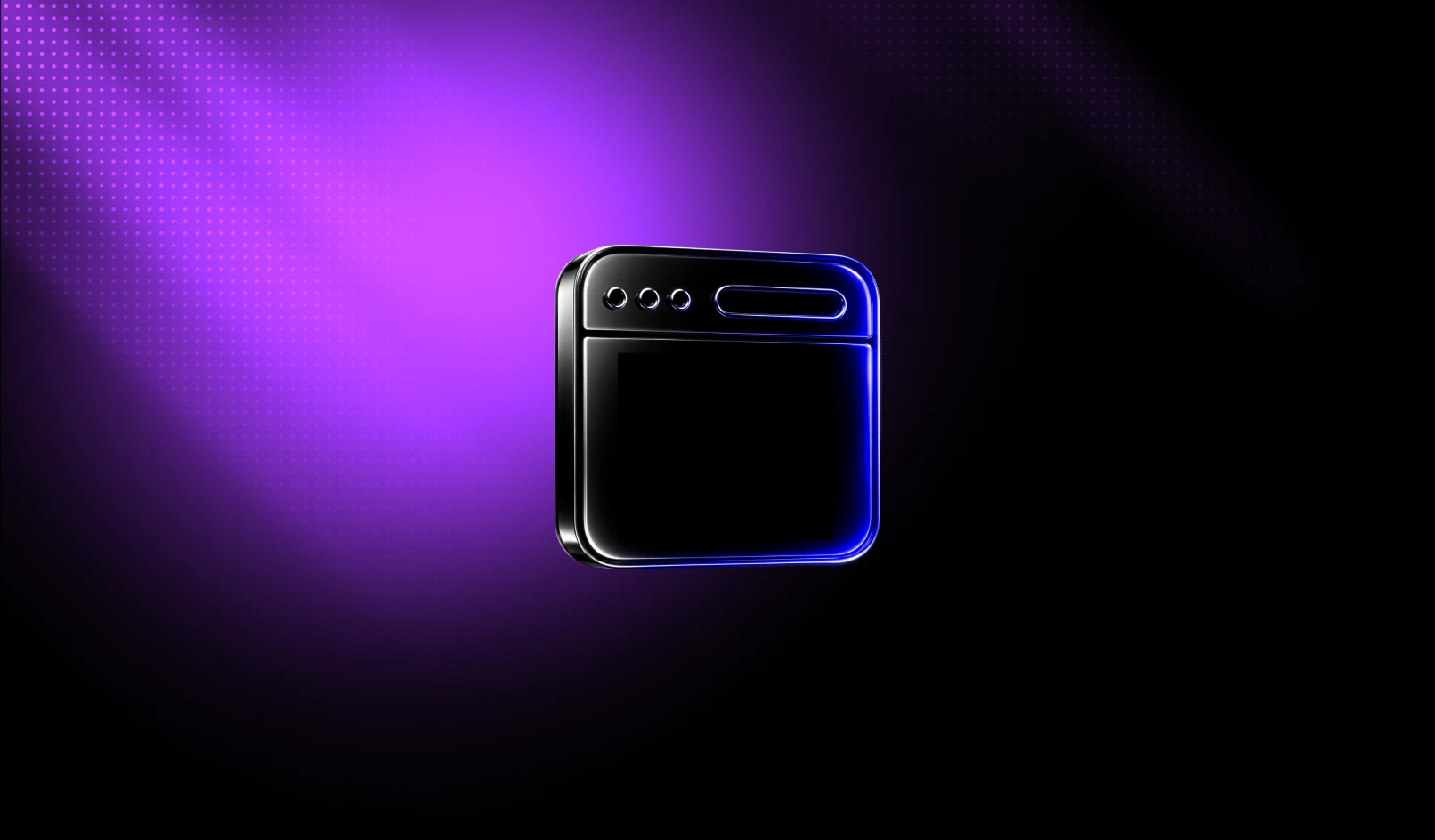 Black stylized browser window icon with blue outline and three dot controls on purple background.