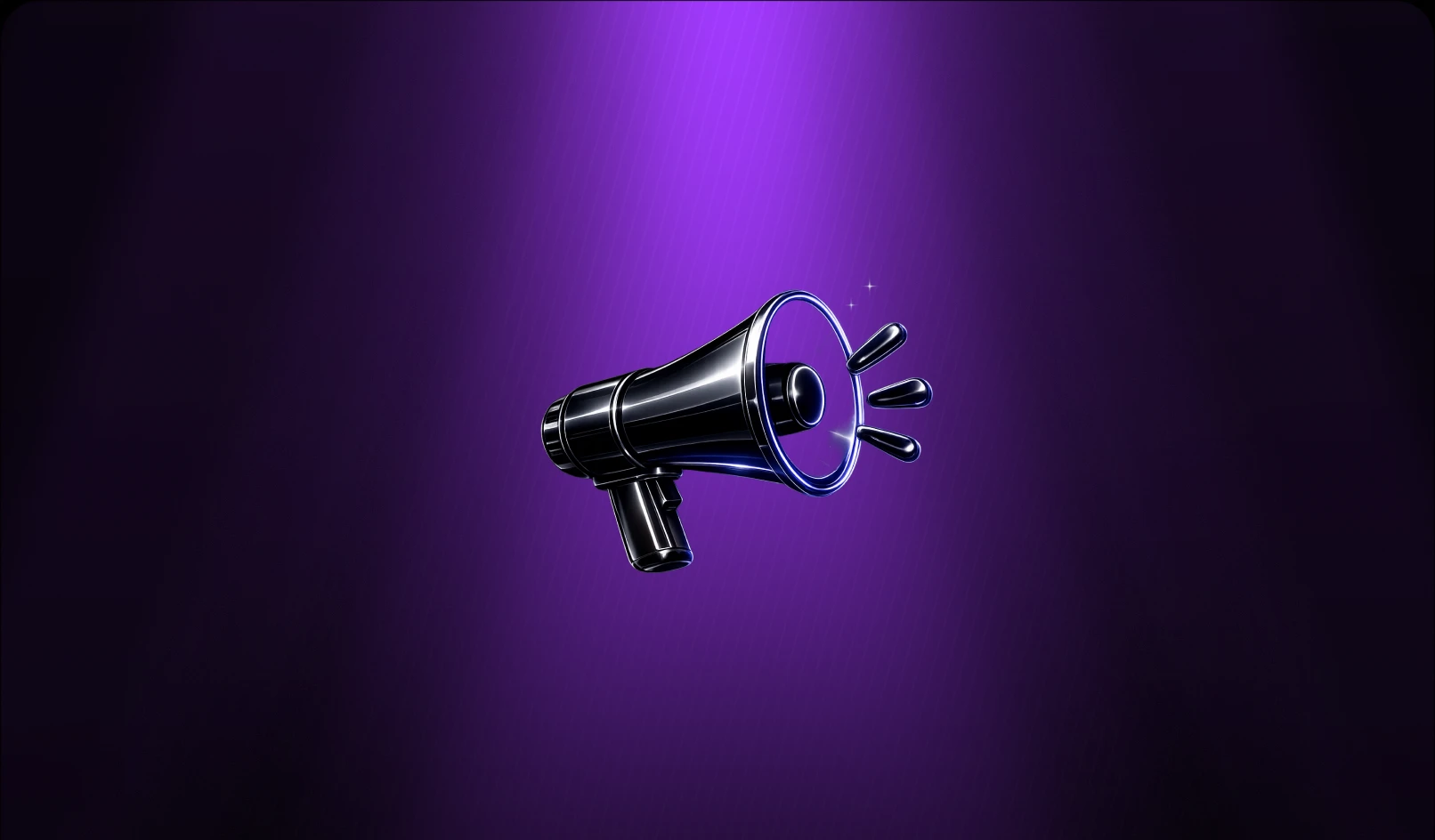 Black megaphone with sound waves on a dark purple gradient background.