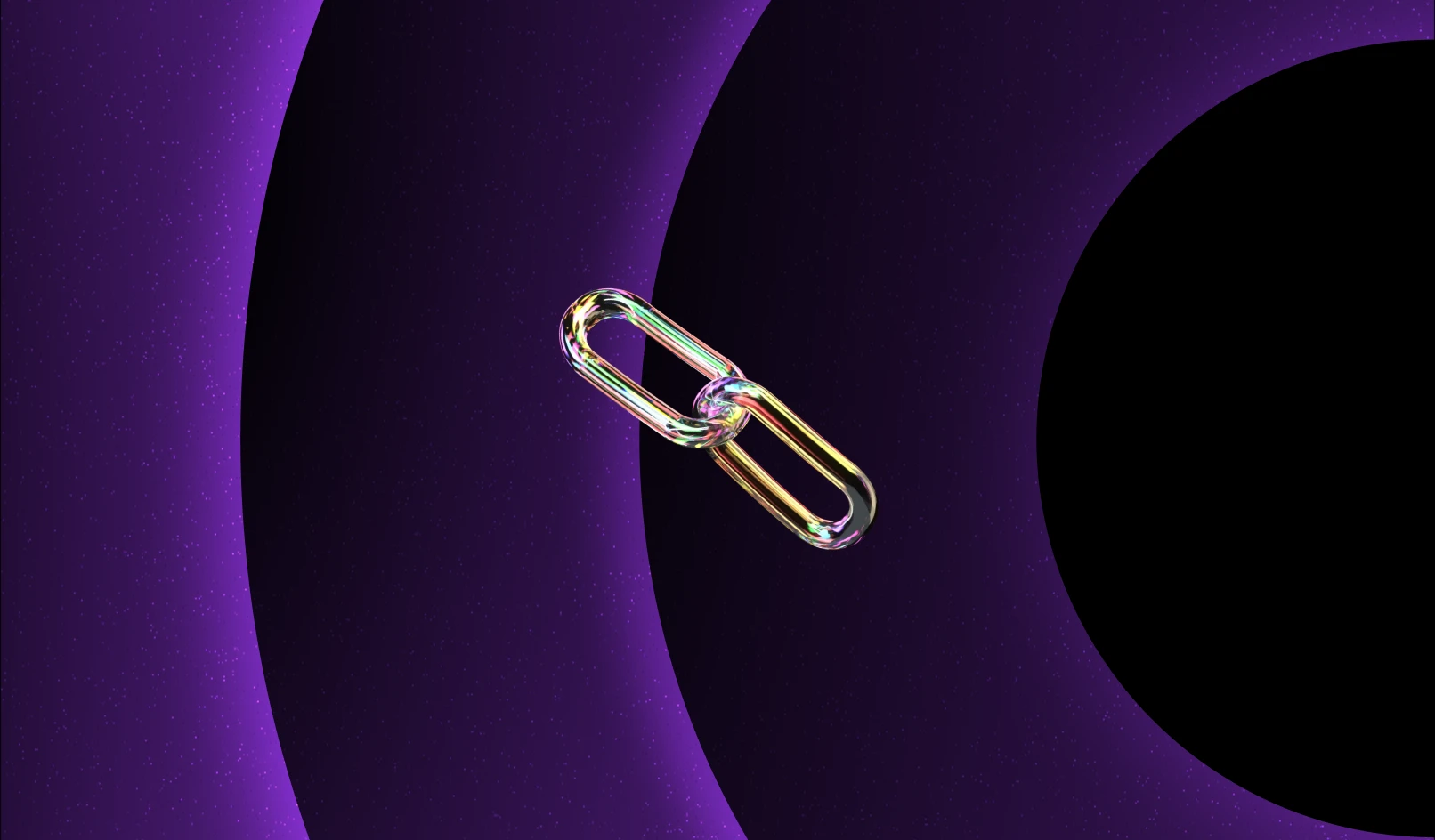 Transparent, iridescent chain link against a dark purple space background with concentric circles.