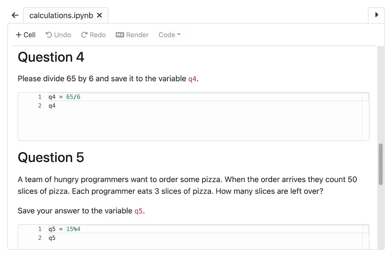 A Jupyter Notebook assignment in CodeGrade shows two programming problems involving math and logic, with Python code entered in the cells below.