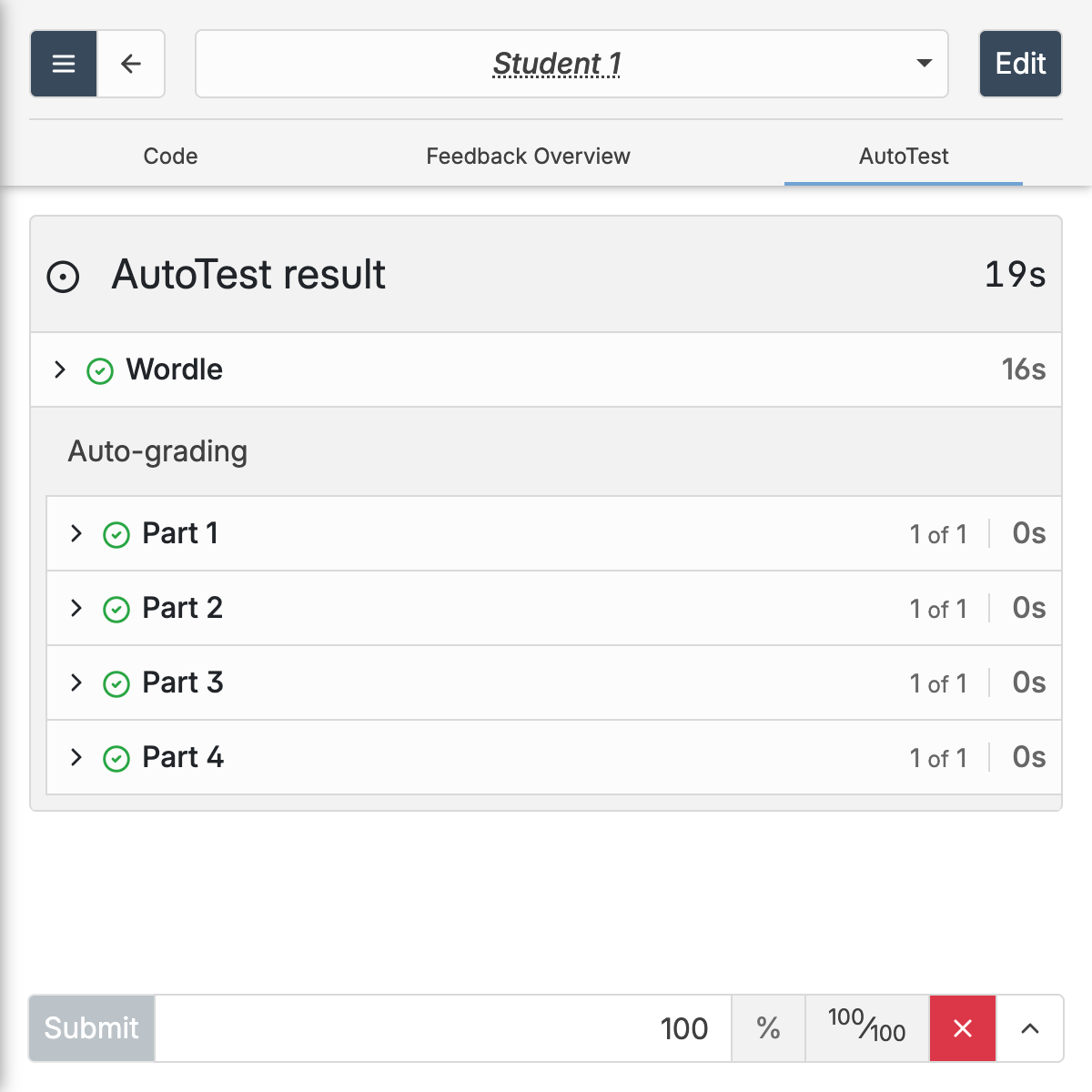 CodeGrade's AutoTest feature shows a student's "Wordle" assignment passing all tests with a perfect score of 100/100, providing instant feedback.