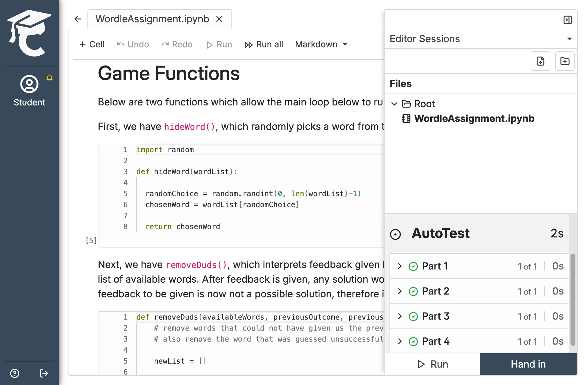A student's Jupyter Notebook shows Python code for "Wordle" game functions. The integrated AutoTest panel confirms all checks have passed successfully.