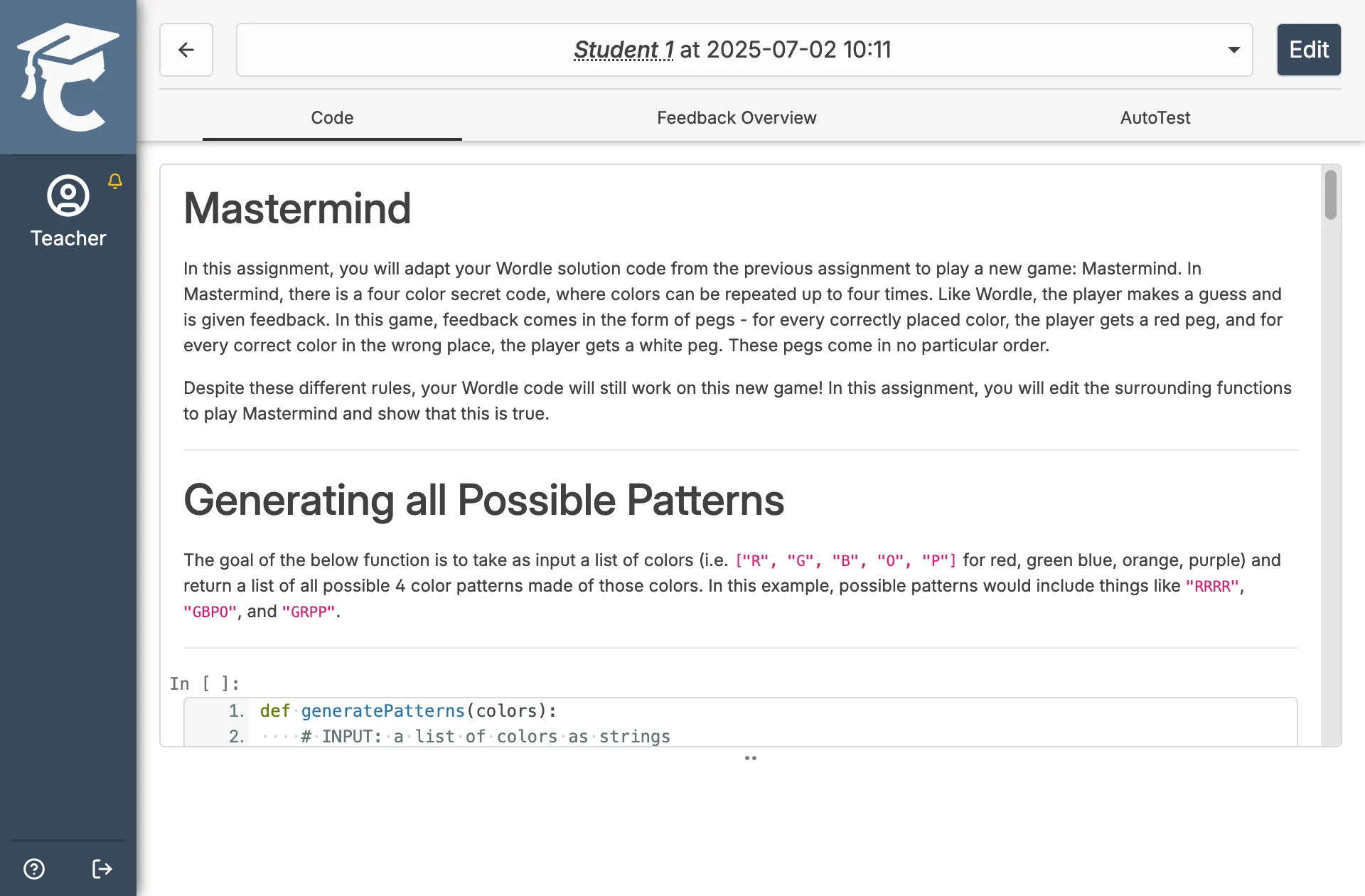 A student's view of a "Mastermind" assignment in CodeGrade. The instructions are shown above an empty Python code cell for the student's solution.