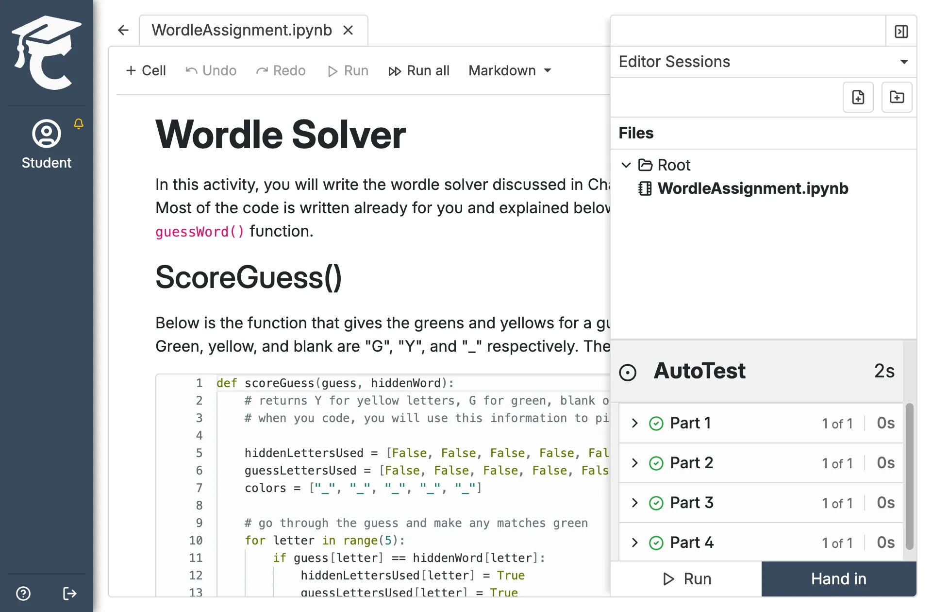 A student's view of a "Wordle Solver" assignment in a Jupyter Notebook. The integrated AutoTest panel on the right shows all parts have successfully passed.