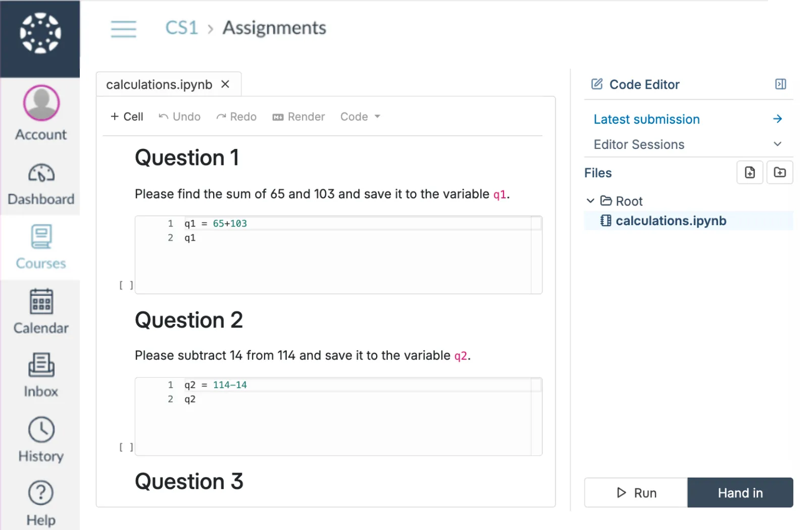 CodeGrade online IDE showing a Jupyter Notebook assignment seamlessly integrated within an LMS environment.