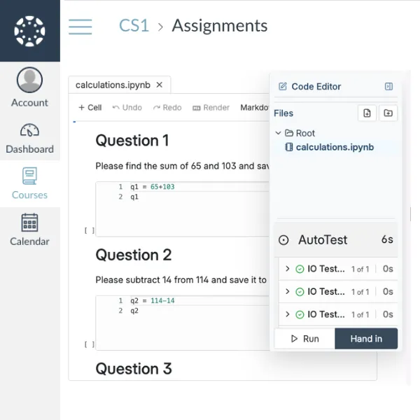 CodeGrade's online IDE with Python code and AutoTest feedback, seamlessly embedded within an LMS assignment.