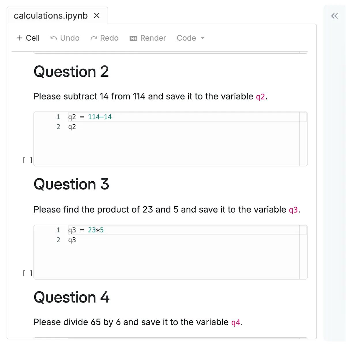 Online IDE showing Jupyter Notebook Python code for arithmetic operations (subtraction, multiplication, division).