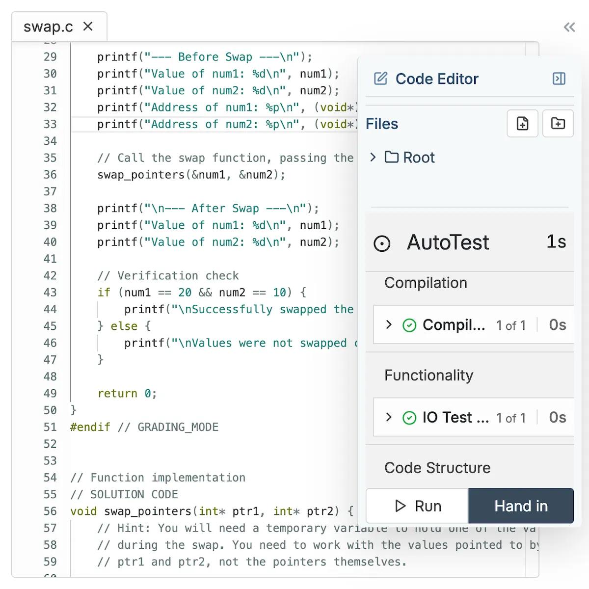 CodeGrade online Java IDE with comprehensive AutoTest panel showing compile, I/O, and code structure feedback.