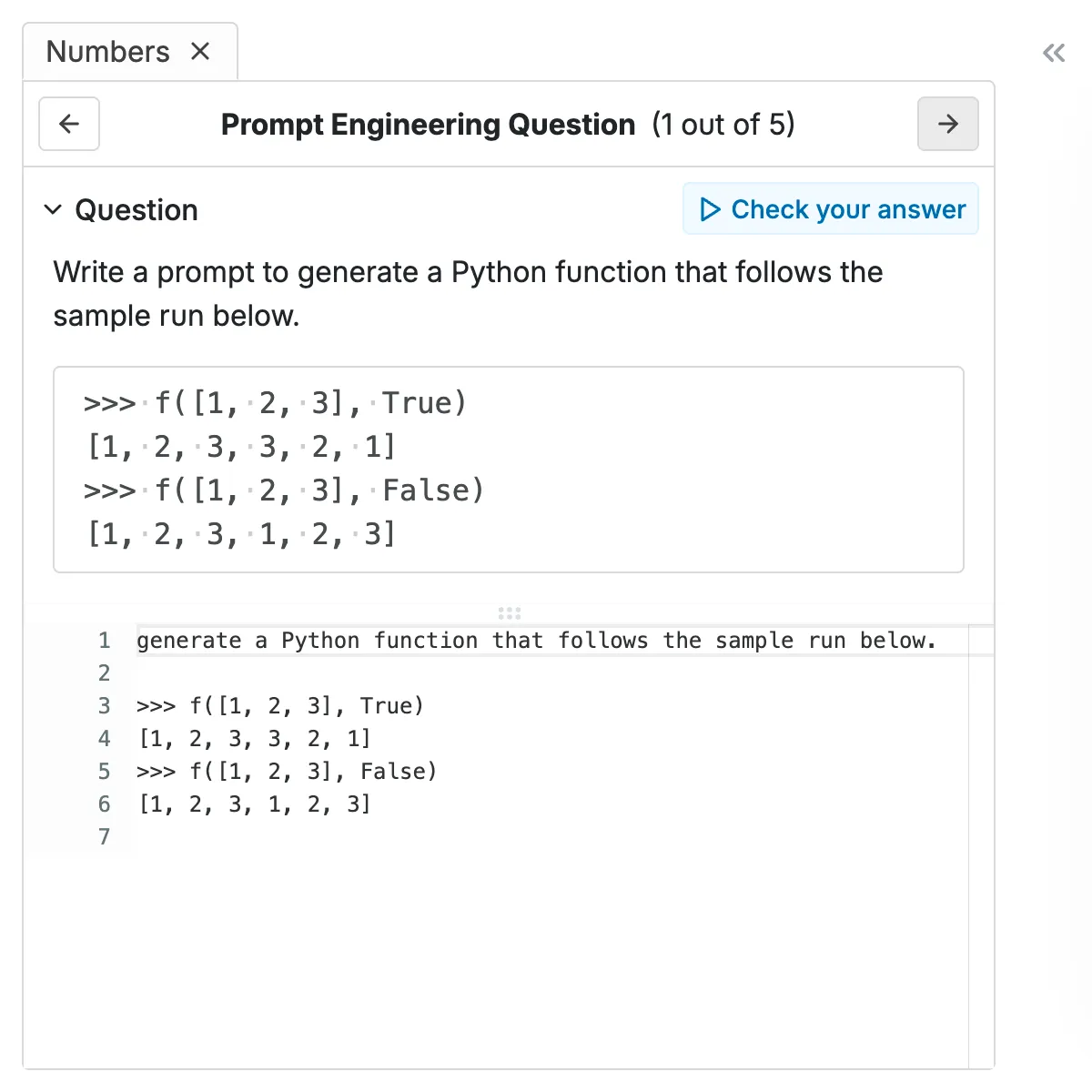 CodeGrade online IDE presenting a prompt challenge to generate a Python function based on examples.