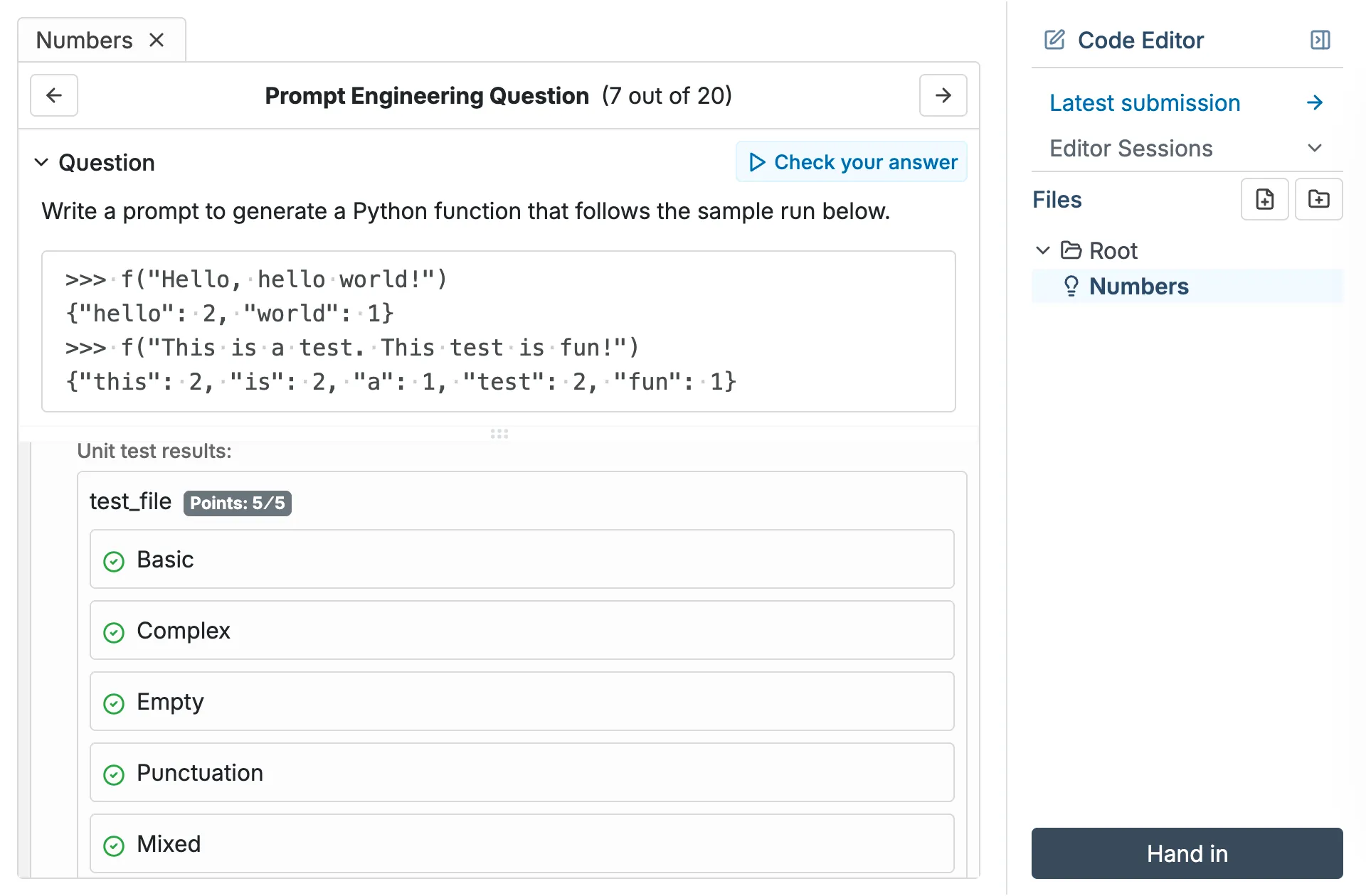 Detailed automatic grading feedback for a CodeGrade prompt challenge, showing unit test results and points.