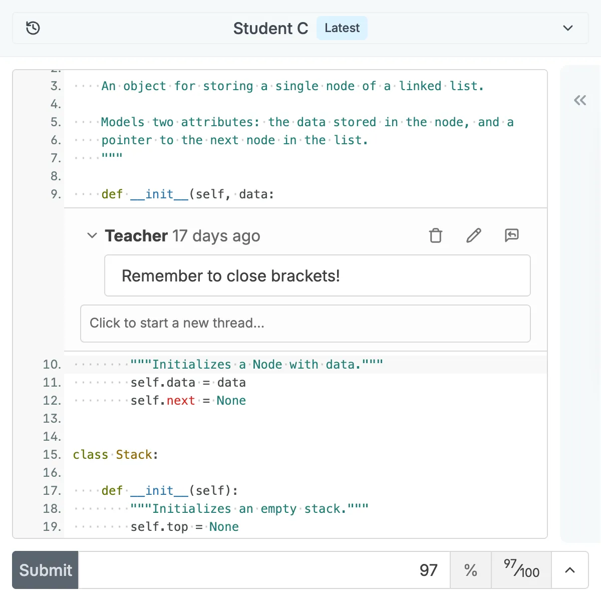 Teacher providing general and specific inline comments for student submission review in CodeGrade.