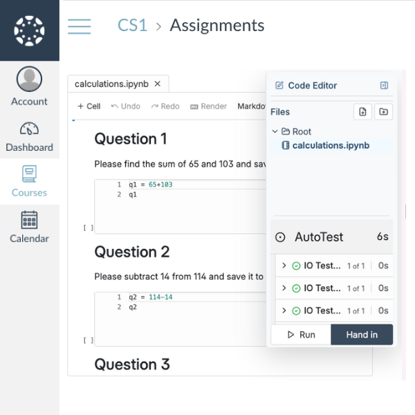 CodeGrade's online IDE with Python code and AutoTest feedback, seamlessly embedded within an LMS assignment.