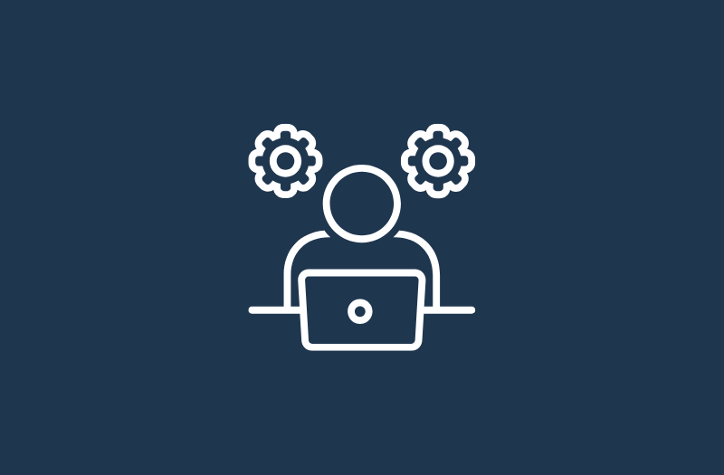 Student using a laptop with gears icon representing coding practice and problem solving.