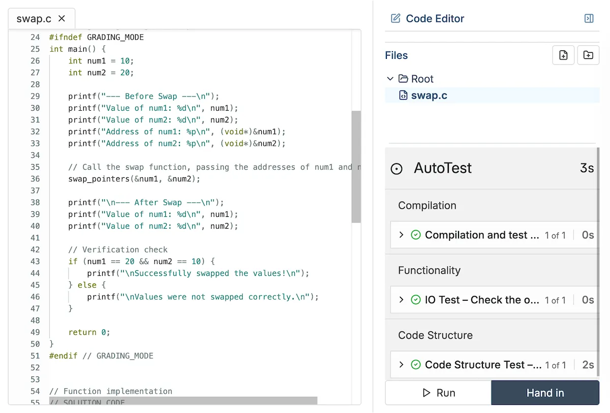 Student writing C code in CodeGrade's online editor with quiz feedback panel.