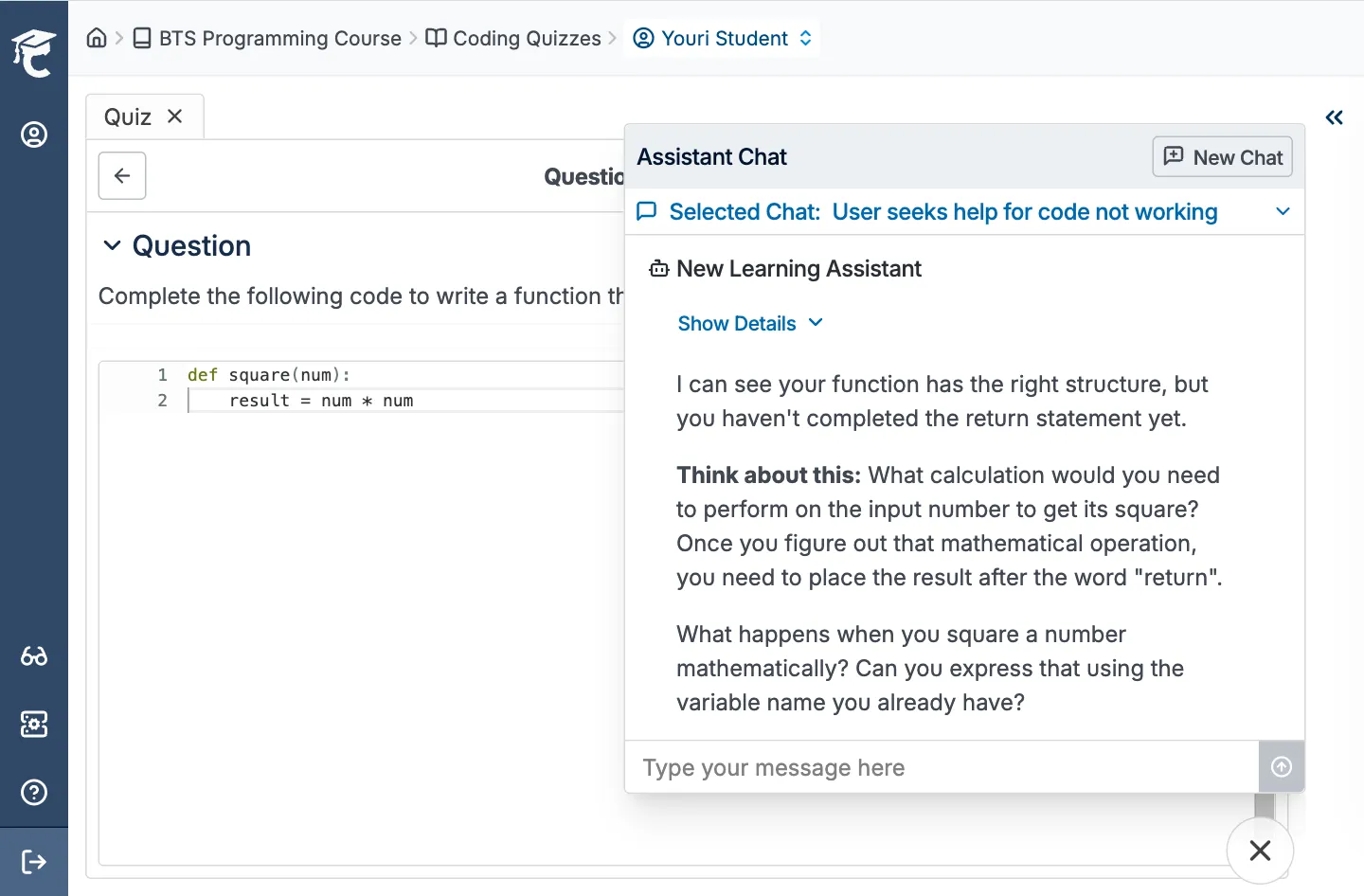 Instructor reviewing a student's AI assistant chat conversation about debugging code in CodeGrade.