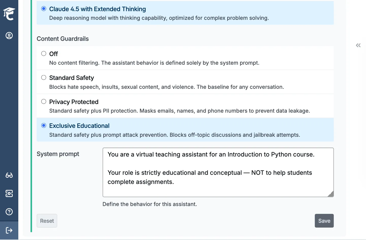Configuring CodeGrade's AI assistant with content guardrails, model selection, and a custom system prompt for a Python course.