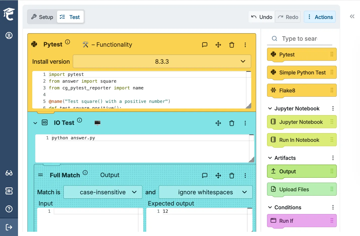 Configuring Pytest and IO Test blocks in CodeGrade's AutoTest builder for automatic code grading.