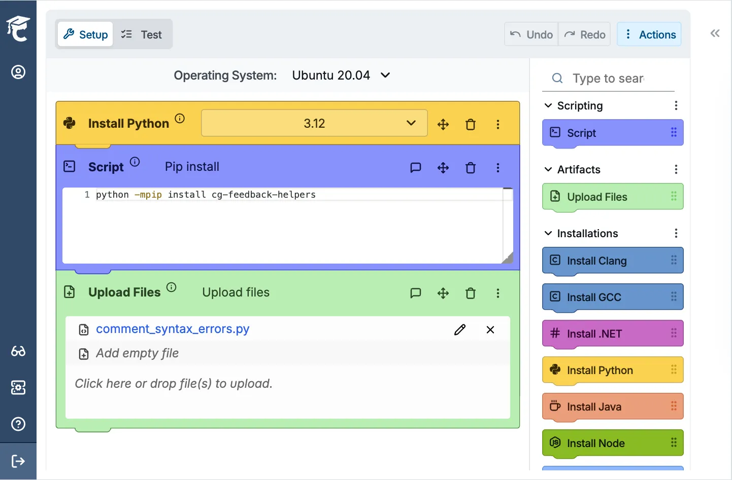 Setting up CodeGrade's AutoTest with Python installation, pip scripts, and file uploads for custom grading.